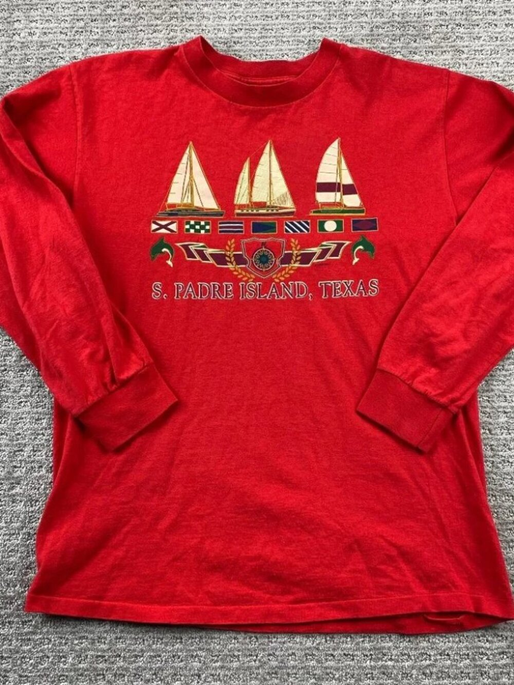 Vintage Belton Shirt Men Large L Red S. Padre Island Dolphins Texas Sailboats